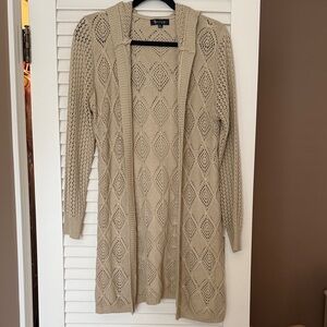 Two Sisters Open-Knit Hooded Long Cardigan in Beige Size Medium EUC